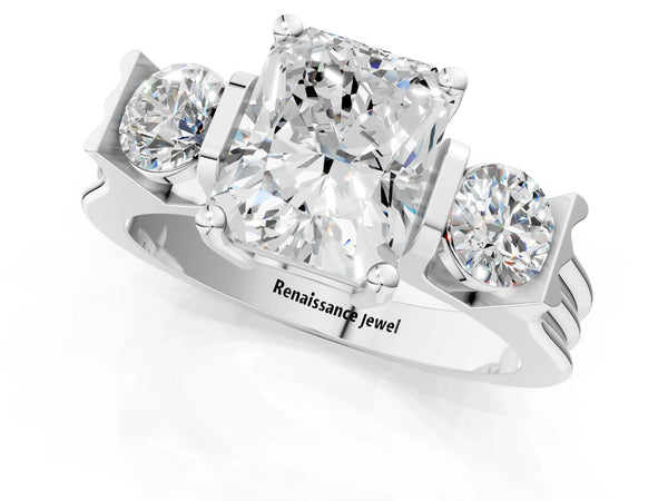 Silver Three-Stone Radiant Cut Classic Band Prong Setting Ring