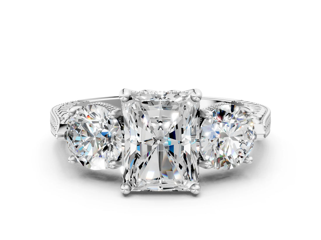 Silver Three-Stone Radiant Cut Cut Milgrain Band Prong Setting Ring_13