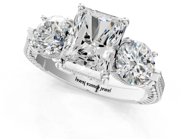 Sterling Silver Radiant Cut Vintage Three Stone Engagement Ring Setting