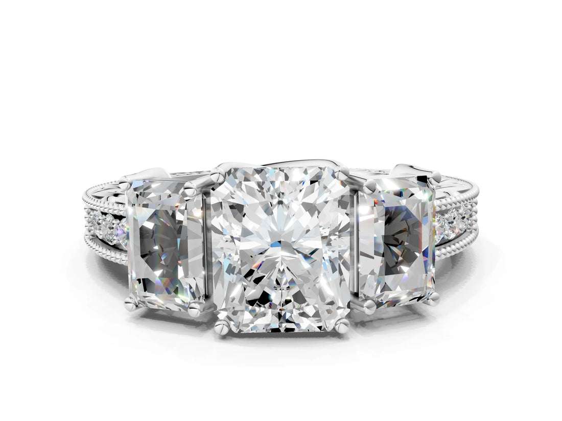 Silver Three-Stone Radiant Cut Cut Milgrain Pavé Engagement Ring_7