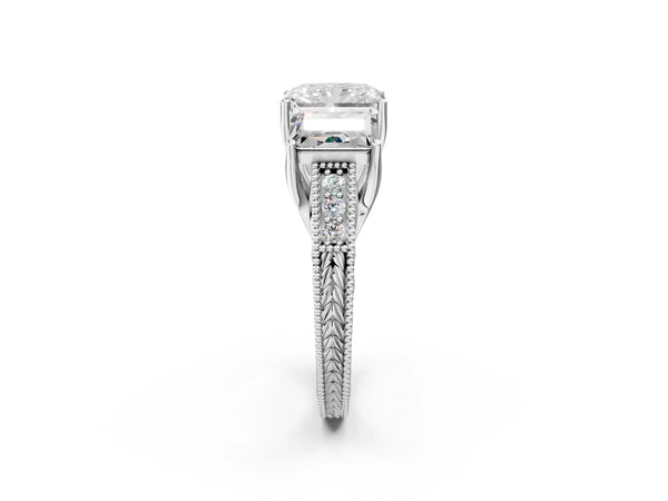 Sterling Silver Radiant Cut Vintage Three Stone Engagement Ring Setting with Milgrain Pave Band