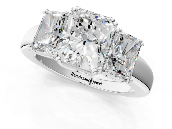 Sterling Silver Radiant Cut Three Stone Engagement Ring Setting with Double Claw Head and Plain Band