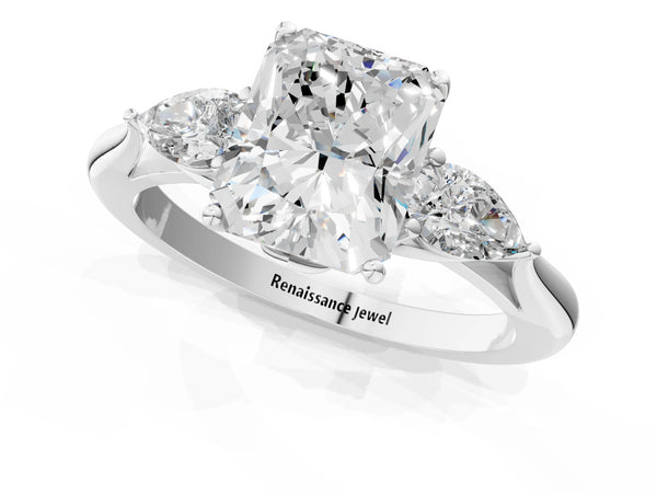 Sterling Silver Radiant Cut Three Stone Engagement Ring Setting with Pear Side Stones and Thin Band