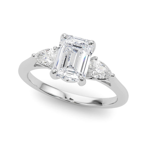 Silver Three-Stone Radiant Cut Diamond Ring with Pear Side Stones on a Platinum Band and Four-Prong Setting 1