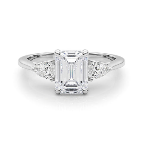 Silver Three-Stone Radiant Cut Diamond Ring with Pear Side Stones on a Platinum Band and Four-Prong Setting 2