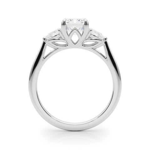 Silver Three-Stone Radiant Cut Diamond Ring with Pear Side Stones on a Platinum Band and Four-Prong Setting
