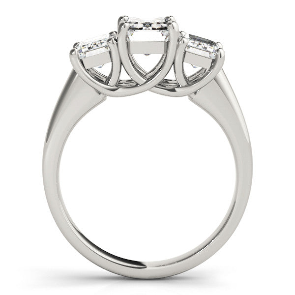 Silver Three-Stone Radiant Cut Diamond Ring with Prong Setting and Classic Band
