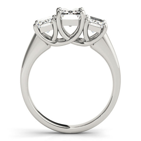 Silver Three-Stone Radiant Cut Diamond Ring with Prong Setting and Classic Band