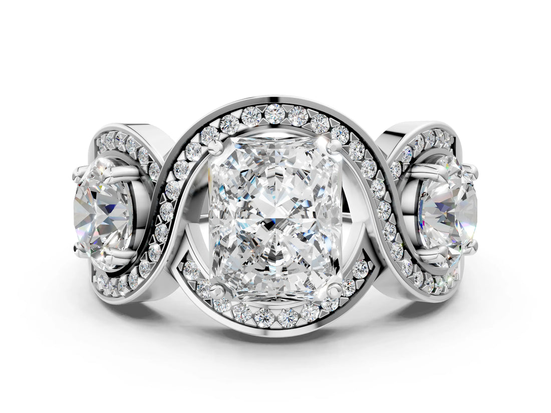 Silver Three-Stone Radiant Cut Diamond Wave Pave Band with Prong Setting_13