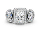 Silver Three-Stone Radiant Cut Halo Diamond Milgrain Band with Four-Prong Setting_7