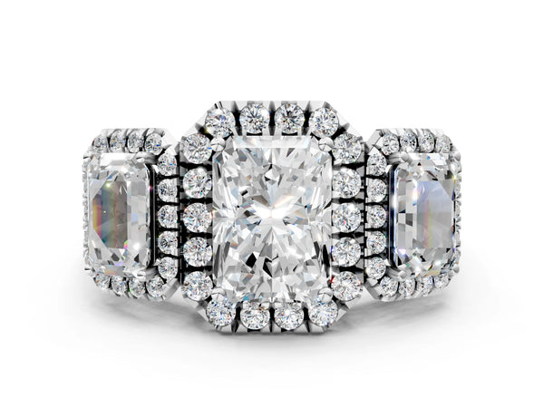 Silver Three-Stone Radiant Cut Halo Diamond Ring with Pave Band and Four-Prong Setting