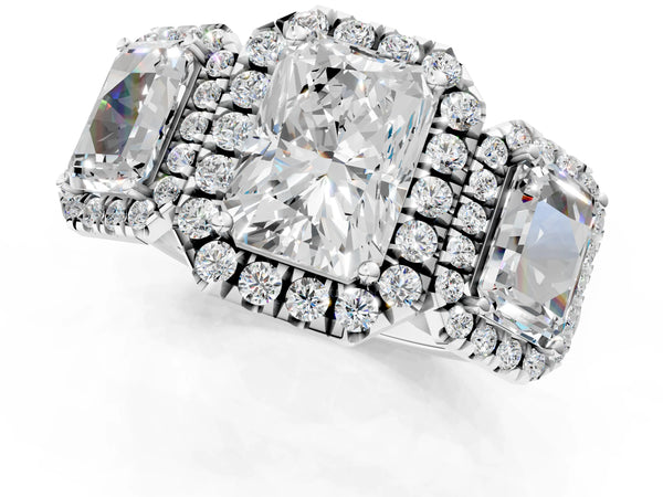 Silver Three-Stone Radiant Cut Halo Diamond Ring with Pave Band and Four-Prong Setting