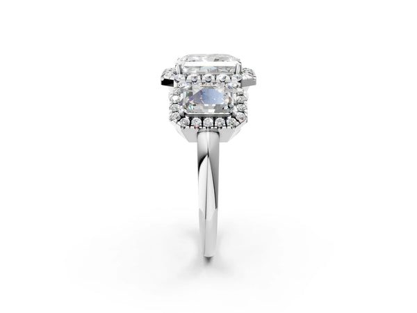 Silver Three-Stone Radiant Cut Halo Diamond Ring with Pave Band and Four-Prong Setting