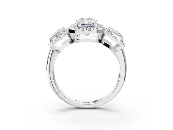 Silver Three-Stone Radiant Cut Halo Diamond Ring with Pave Band and Four-Prong Setting