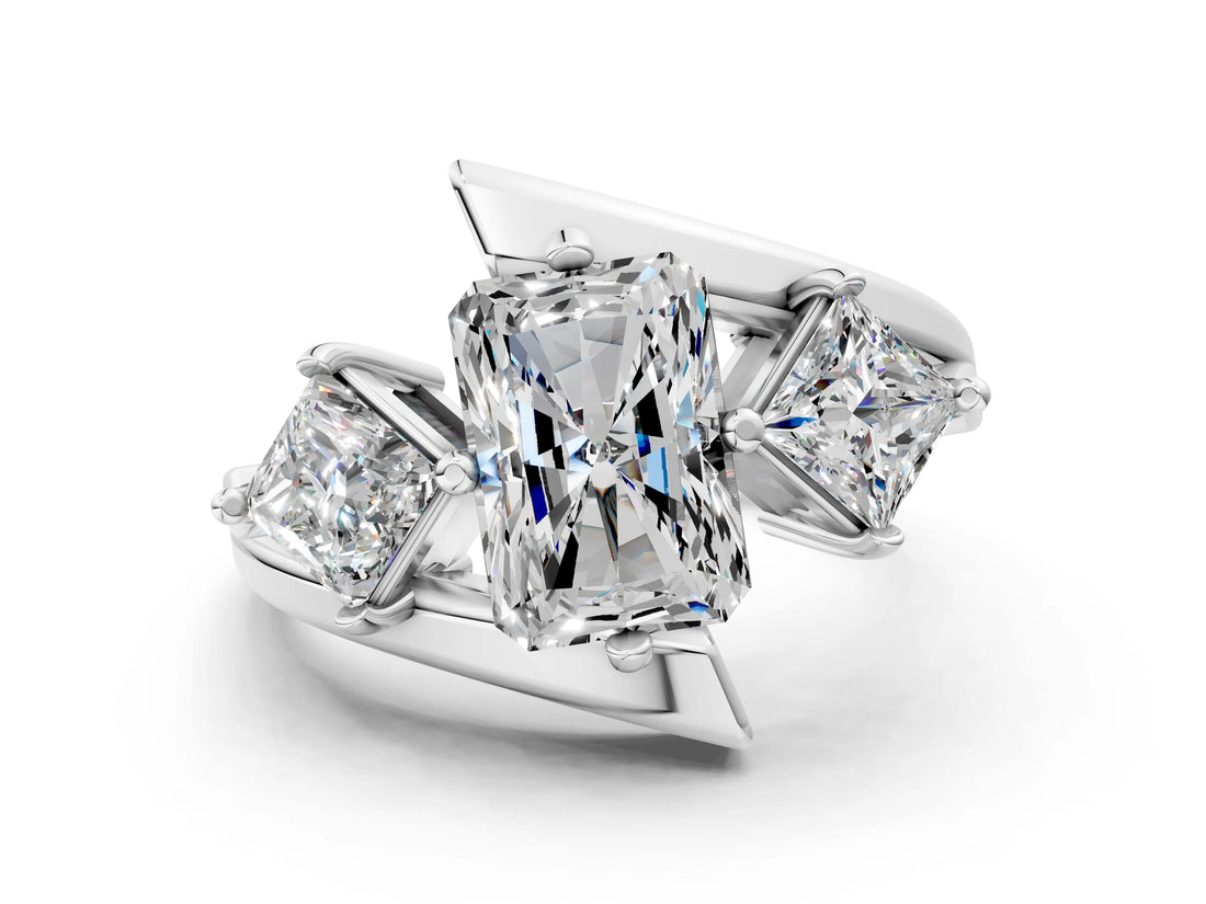 Silver Three-Stone Radiant Cut Tension Band Ring with Four-Prong Setting_12