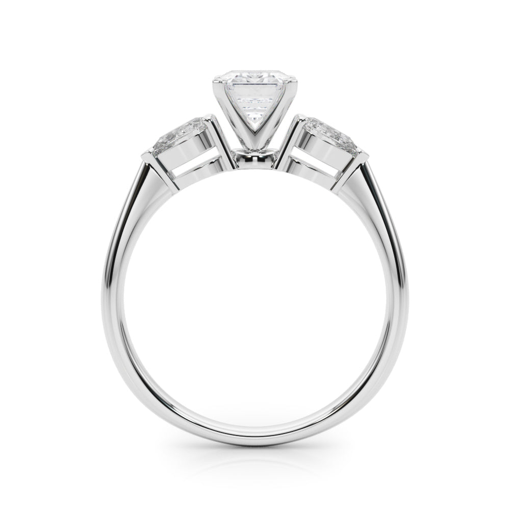 Silver Three-Stone Radiant Diamond Ring with Pear Side Stones on a Platinum Band with Four-Prong Setting 1