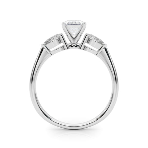 Silver Three-Stone Radiant Diamond Ring with Pear Side Stones on a Platinum Band with Four-Prong Setting 1
