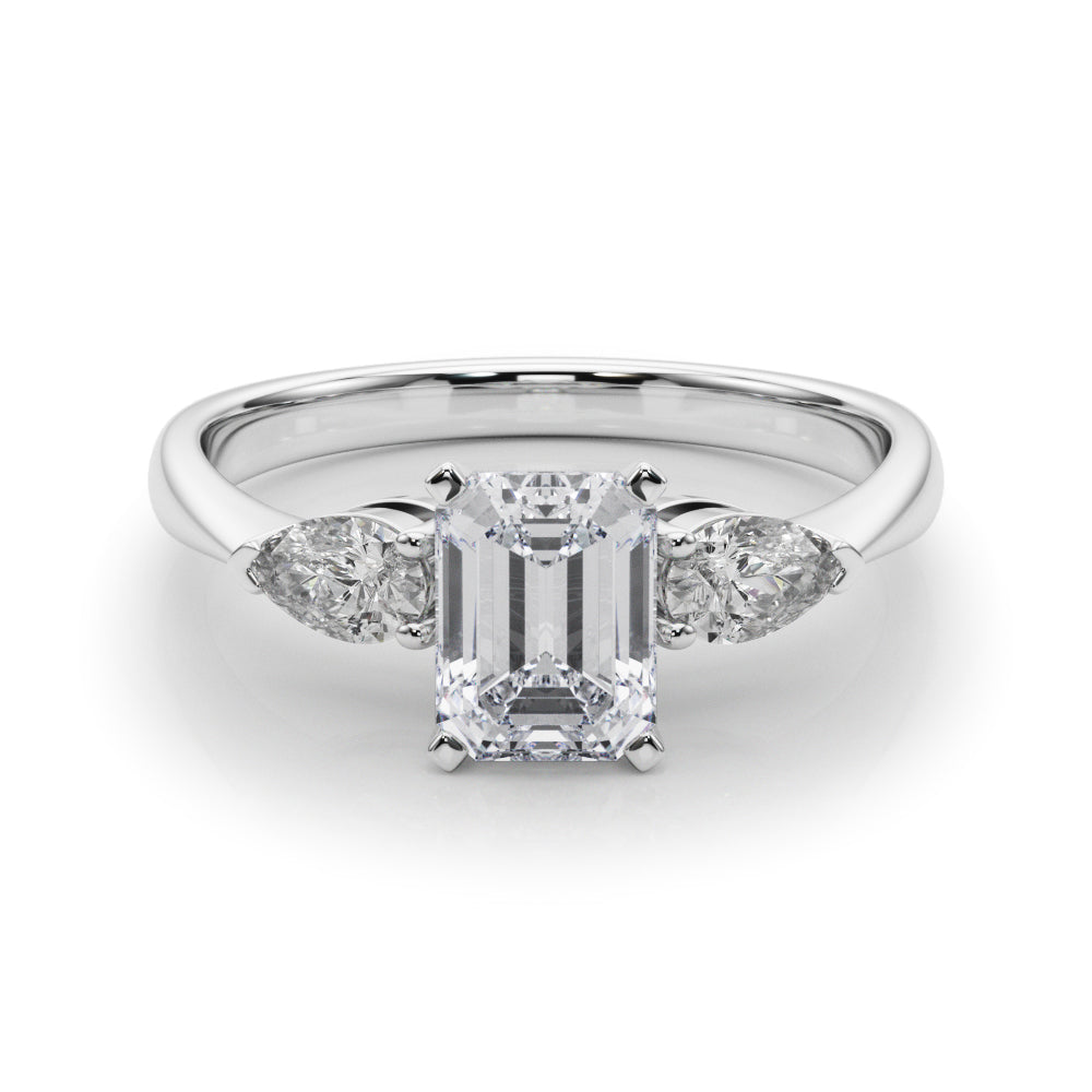 Silver Three-Stone Radiant Diamond Ring with Pear Side Stones on a Platinum Band with Four-Prong Setting