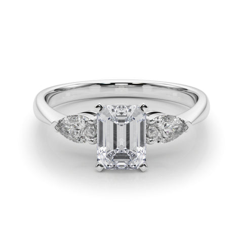 Silver Three-Stone Radiant Diamond Ring with Pear Side Stones on a Platinum Band with Four-Prong Setting