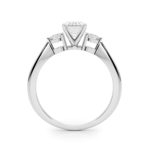 White gold Three-Stone Emerald Solitaire Ring with Tapered Band and Four-Prong Setting