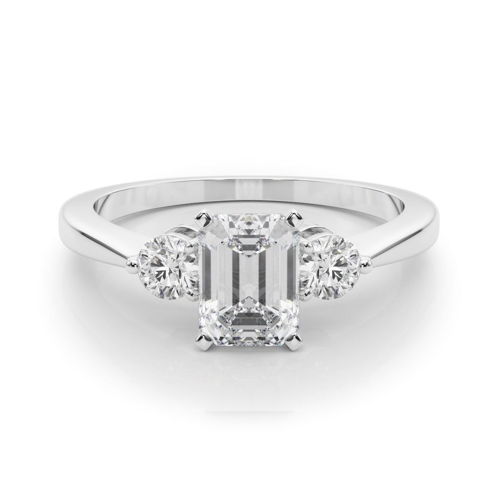 Silver Three-Stone Radiant Solitaire Ring with Tapered Band and Four-Prong Setting