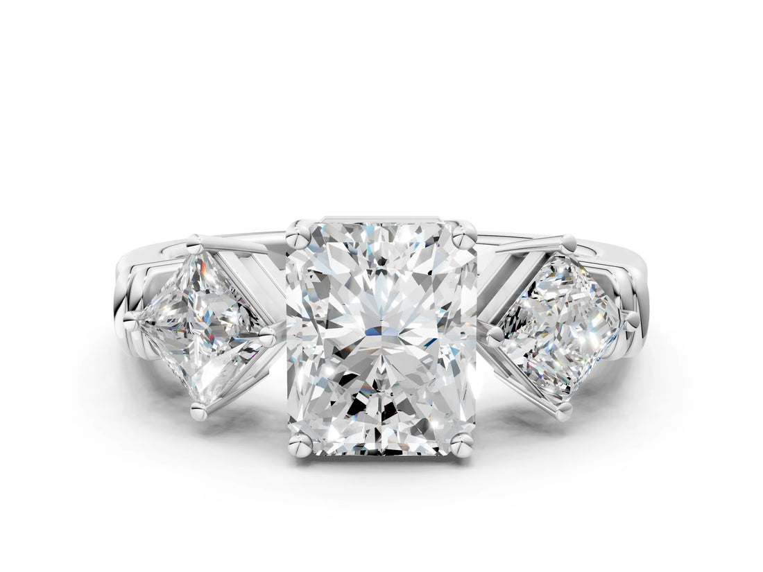Silver Three-Stone Radiant and Princess Cut Diamond Ring with Channel Band and Four-Prong Setting_16