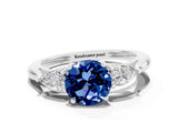 Silver Three-Stone Round Cut Blue Sapphire Ring with Pear  Side Stones in Four-Prong Setting_54