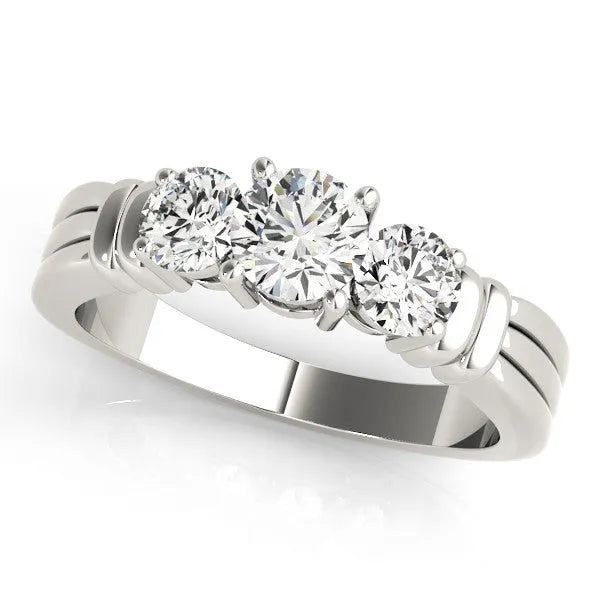 Silver Three-Stone Round Cut Channel Set Diamond Ring with Four-Prong Setting