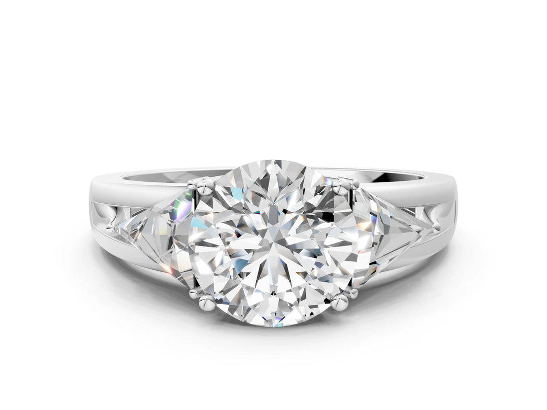Silver Three-Stone Round Cut Cut Diamond Ring with Trillion Side Stones on a Split Shank Band_13