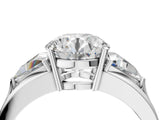Silver Three-Stone Round Cut Cut Diamond Ring with Trillion Side Stones on a Split Shank Band_17