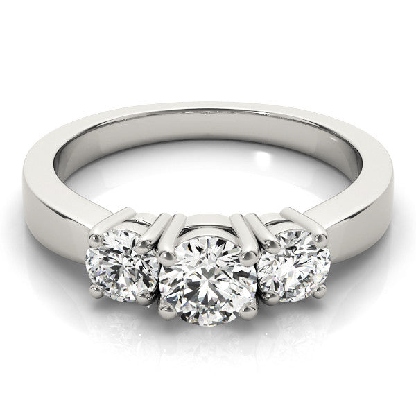 Silver Three-Stone Round Cut Diamond Engagement Ring with Flat Band and Four-Prong Setting 2