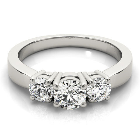 Silver Three-Stone Round Cut Diamond Engagement Ring with Flat Band and Four-Prong Setting 2