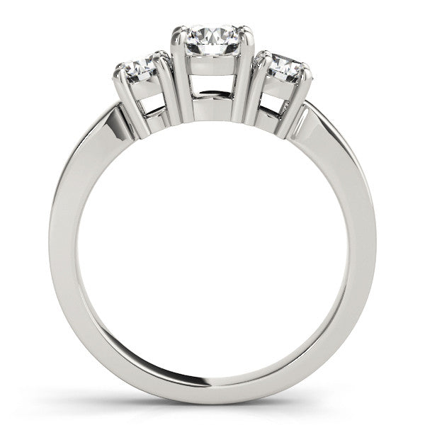 Silver Three-Stone Round Cut Diamond Engagement Ring with Flat Band and Four-Prong Setting