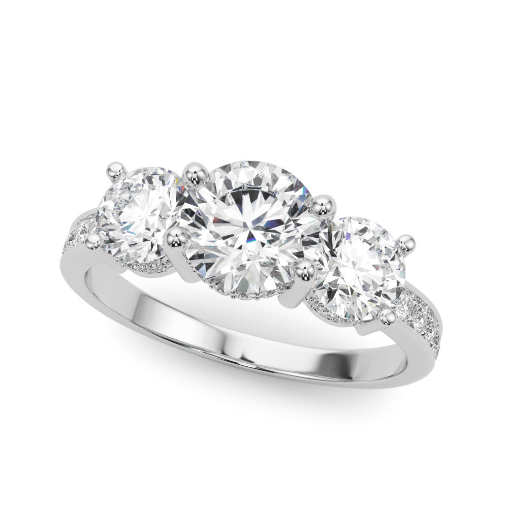 Silver Three-Stone Round Cut Diamond Pavé Band with Four-Prong Setting 1