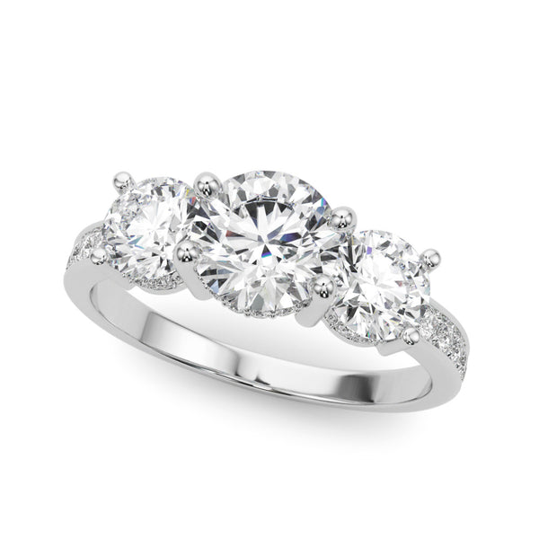 White gold Round Diamond Three-Stone Ring with Four-Prong Setting and Pavé Band