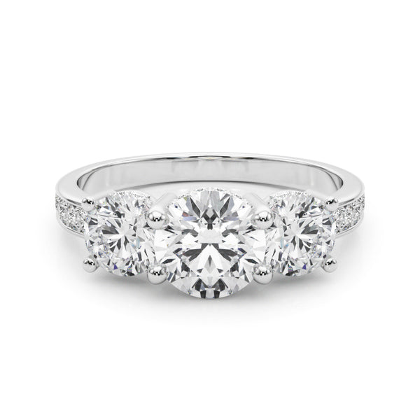 White gold Round Diamond Three-Stone Ring with Four-Prong Setting and Pavé Band