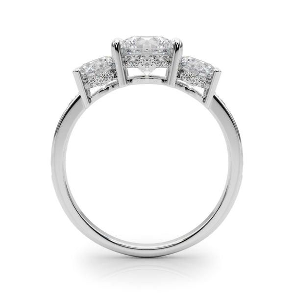 White gold Round Diamond Three-Stone Ring with Four-Prong Setting and Pavé Band