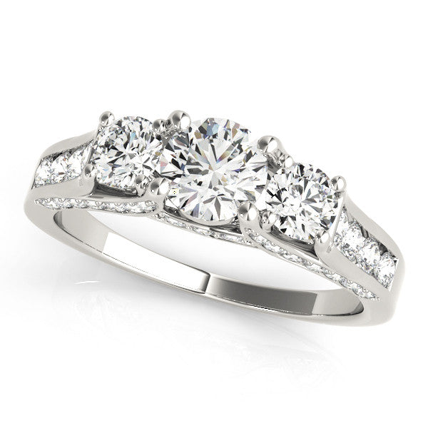 10K White Gold Three-Stone 3.03 Carat F VVS1 Round Cut Diamond Ring with Channel-Set Band and Four-Prong Setting