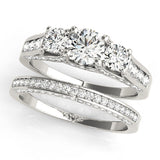 10K White Gold Three-Stone 3.03 Carat F VVS1 Round Cut Diamond Ring with Channel-Set Band and Four-Prong Setting