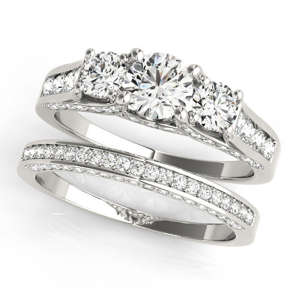 10K White Gold Three-Stone 3.03 Carat F VVS1 Round Cut Diamond Ring with Channel-Set Band and Four-Prong Setting