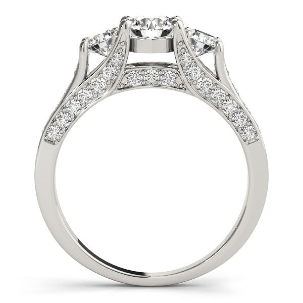 Silver Three-Stone Round Cut Diamond Ring with Channel-Set Band and Four-Prong Setting