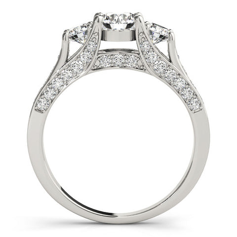 Silver Three-Stone Round Cut Diamond Ring with Channel-Set Band and Four-Prong Setting