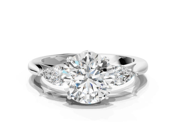 Sterling Silver Round Three Stone Engagement Ring Setting with Pear Side Stones and Thin Band