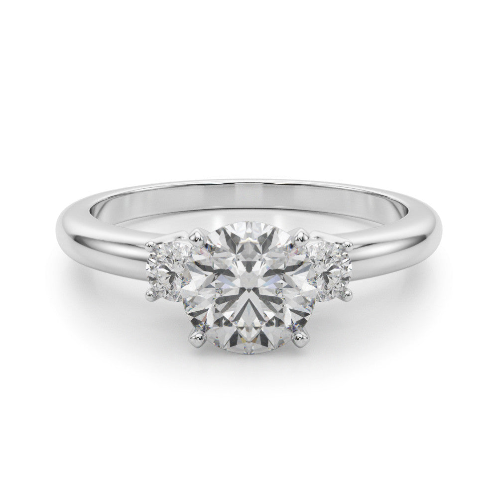 Silver Three-Stone Round Cut Diamond Solitaire with Prong Setting and Classic Band