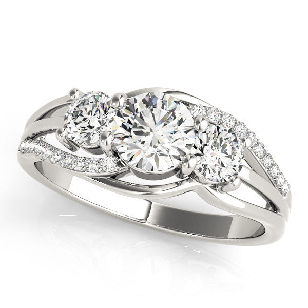 10K White Gold Three-Stone 0.75 Carat F VS1 Round Cut Diamond Split Shank Prong Set Ring