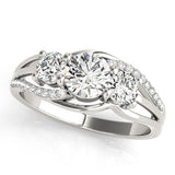 10K White Gold Three-Stone 0.75 Carat F VS1 Round Cut Diamond Split Shank Prong Set Ring