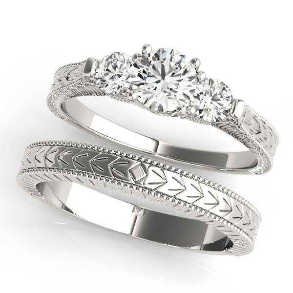 Silver Three-Stone Round Cut Milgrain Band with Prong Setting 2