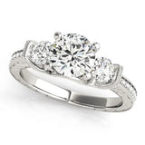 Silver Three-Stone Round Cut Milgrain Pave Band Prong Setting Ring