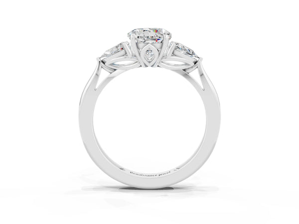 Silver Three-Stone Round Cut Moissanite Ring with Pear  Side Stones in Four-Prong Setting
