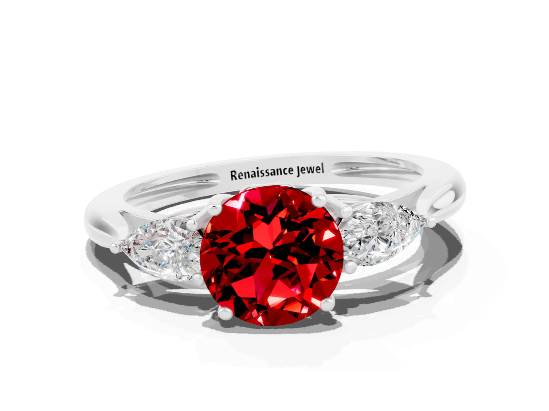 Silver Three-Stone Round Cut Ruby Ring with Pear  Side Stones in Four-Prong Setting_54